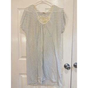 Val Made White Blue Striped Lace Detail Short Sleeve Mini Dress Medium